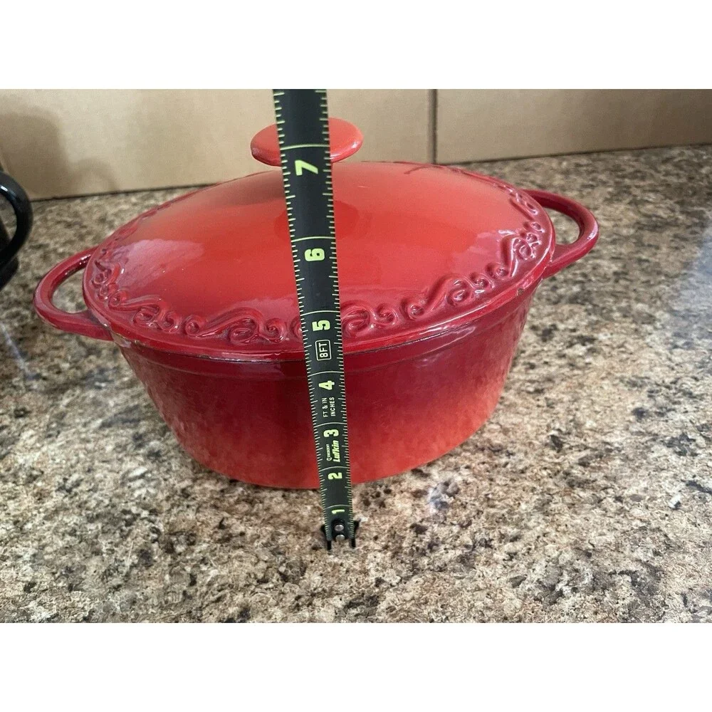 Vintage Red Enamel Cast Iron Dutch oven with Lid Double Handle